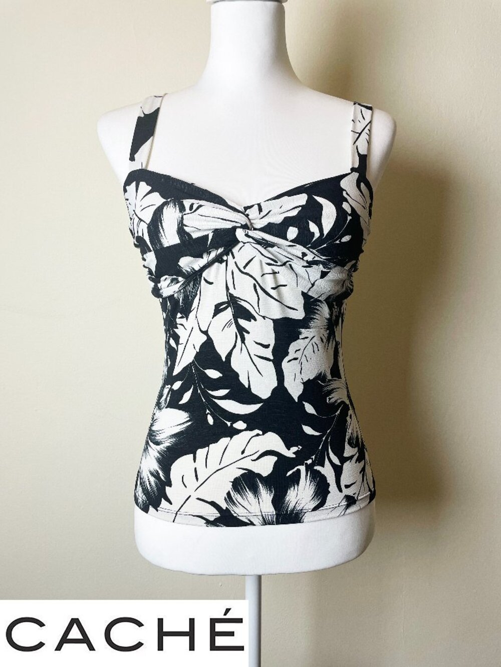 Caché Vintage Black & White Tank Top | Tropical Twist Front | Size Small | EUC